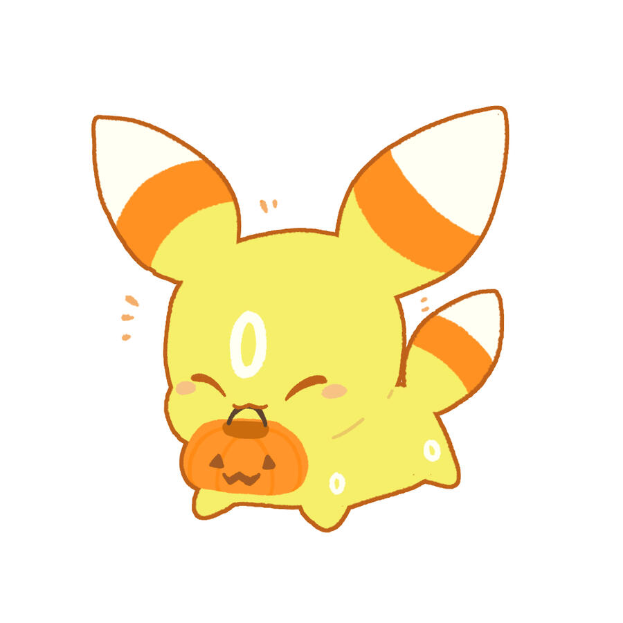 Candy Corn Umbreon (2024) Drawing of a candy corn colored umbreon with a small pumpkin shaped trick or treat basket