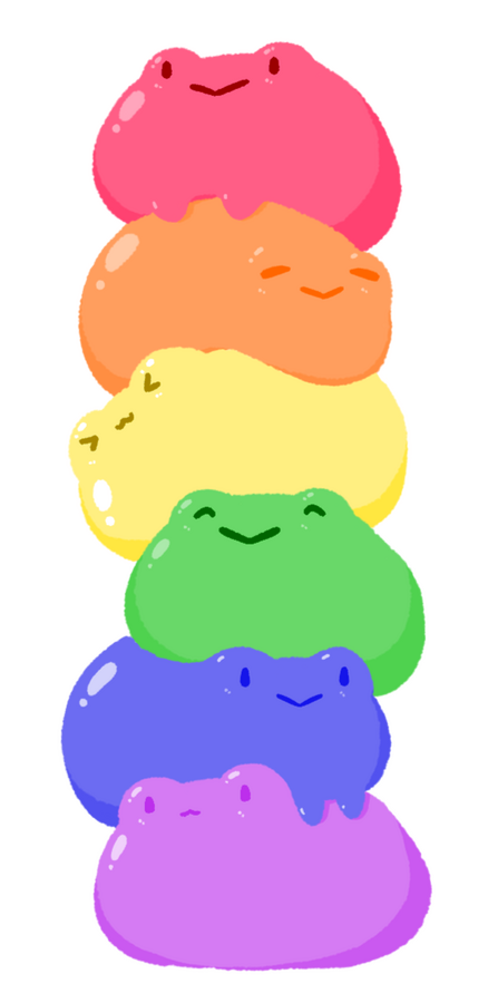 A pile of blobby frogs in rainbow colors