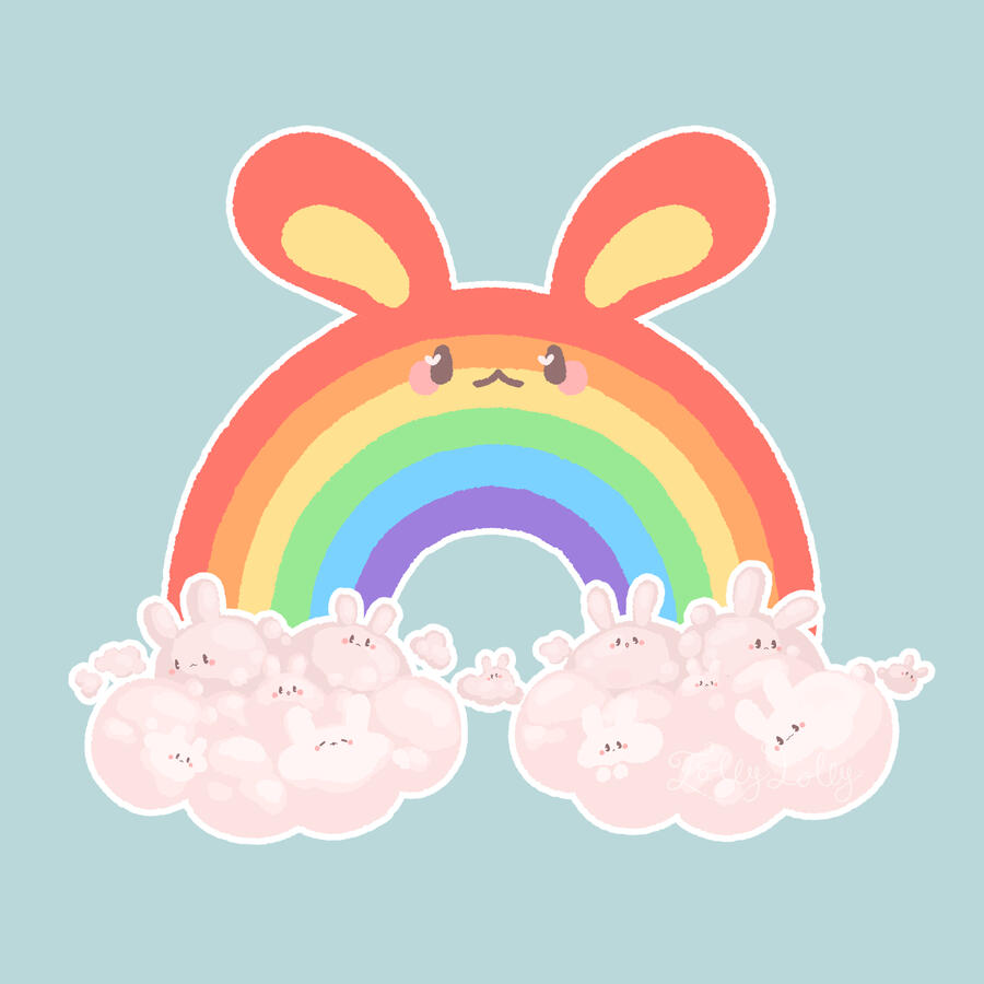 A drawing of a rainbow with bunny eats peeking over rabbit-shaped clouds