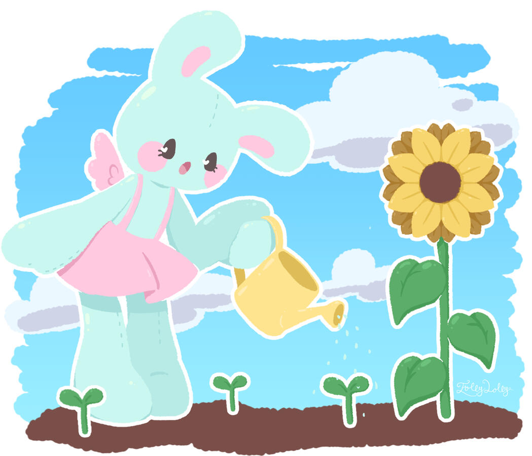Drawing of a mint green anthro rabbit watering sunflowers