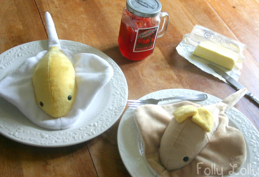 Pancake and egg themed manta ray plushies