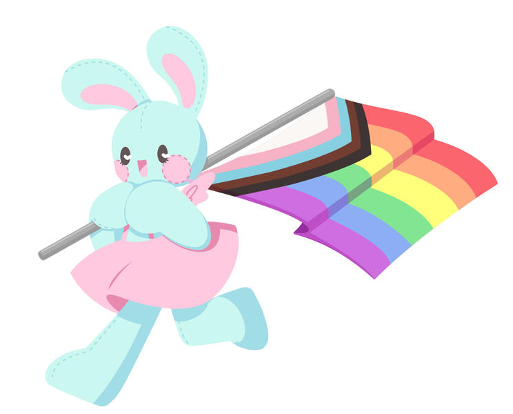 Drawing of a mint green rabbit holding the progress pride flag