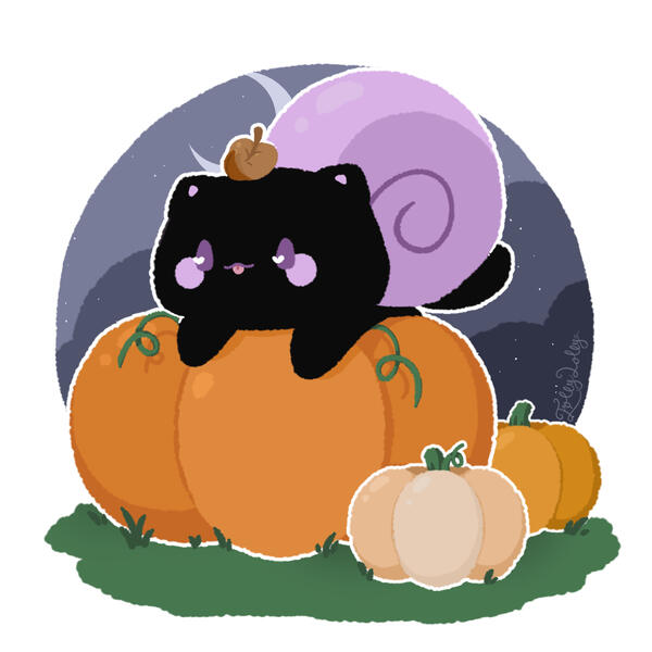 Pumpkin Patch Snitten A black snail-cat with a purple shell sits on top of a large orange pumpkin against a night sky