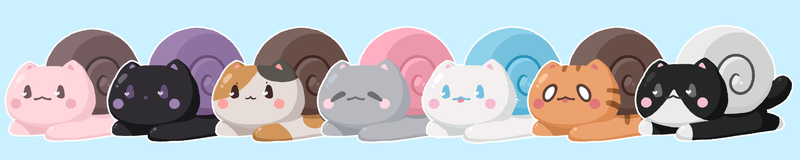 drawing of an assortment of differently colored snail-cats